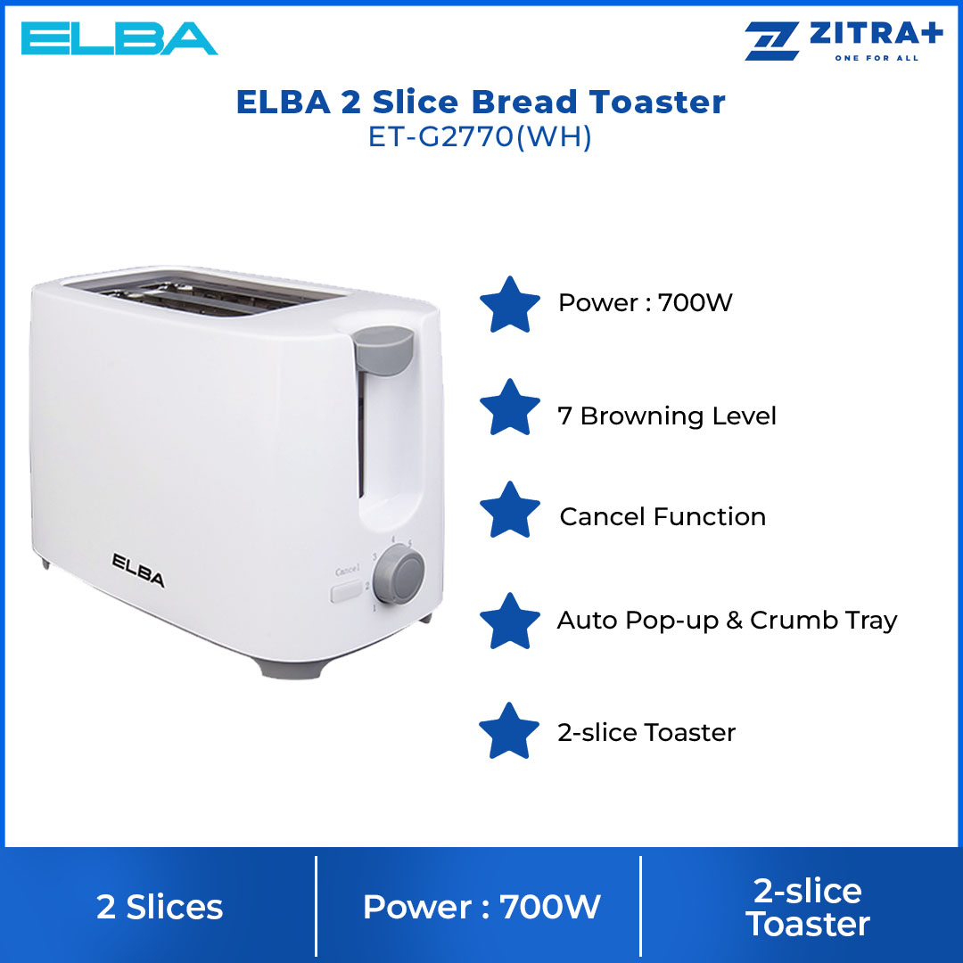 ELBA 2 Slice Bread Toaster ET-G2770(WH) | 7 Browning Level | Auto Pop-up | Crumb Tray | Cancel Function | Bread Toaster with 1 Year Warranty