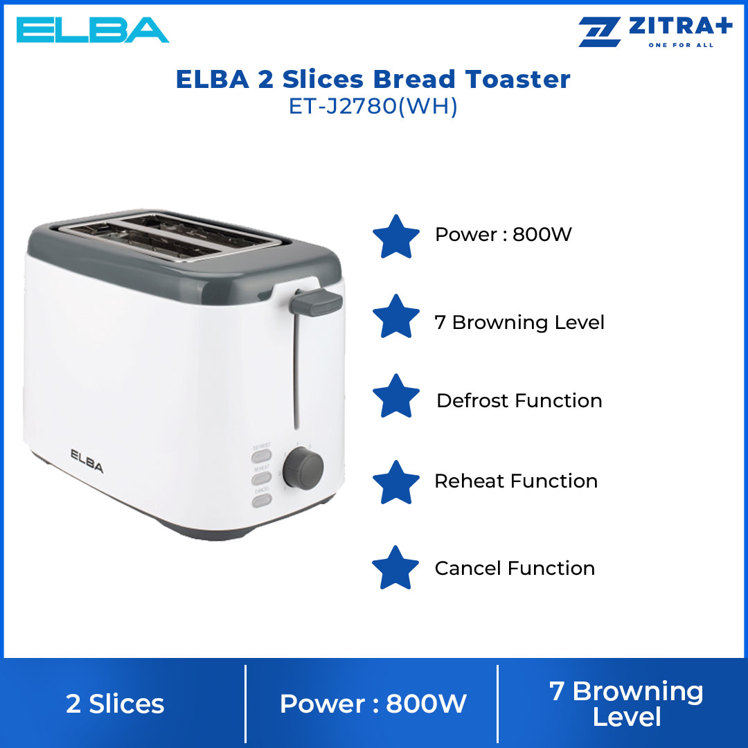 ELBA 2 Slice Bread Toaster ET-J2780(WH) | Power : 800W | 7 Browning Level | Defrost Function | Reheat Function | Cancel Function | Toaster with 1 Year Warranty