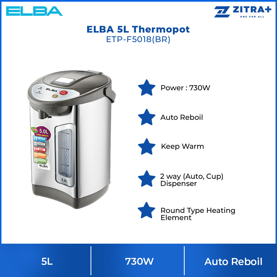 ELBA 5L Thermopot ETP-F5018(BR) | Dry-boiled Protection | 304 Stainless Steel Inner Pot | Auto Reboil | Thermo Pot with 1 Year Warranty