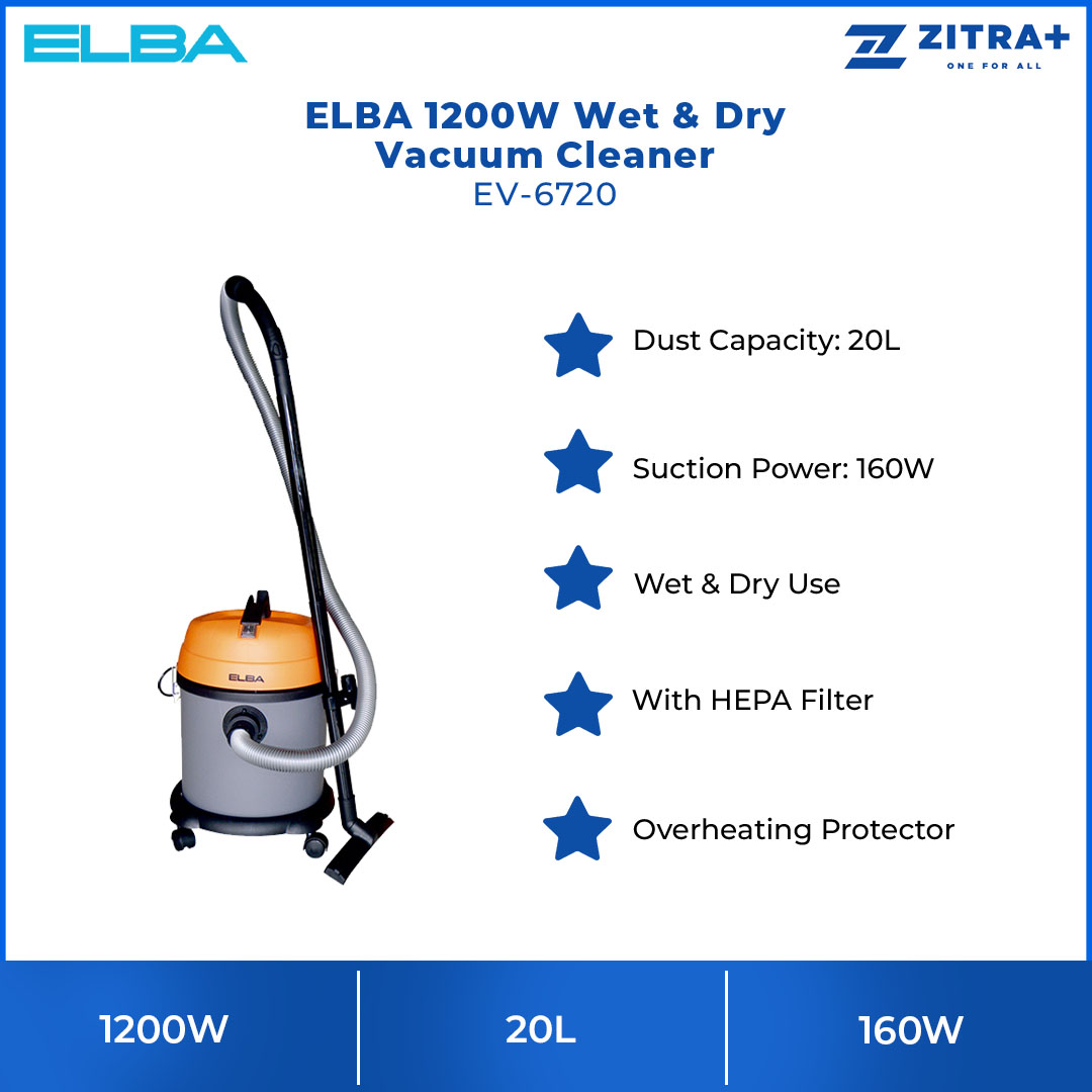 ELBA 1200W Wet & Dry Vacuum Cleaner EV-6720 | With HEPA Filter | Suction Power: 160W | Dust Capacity: 20L | Vacuum Cleaner with 1 Year Warranty