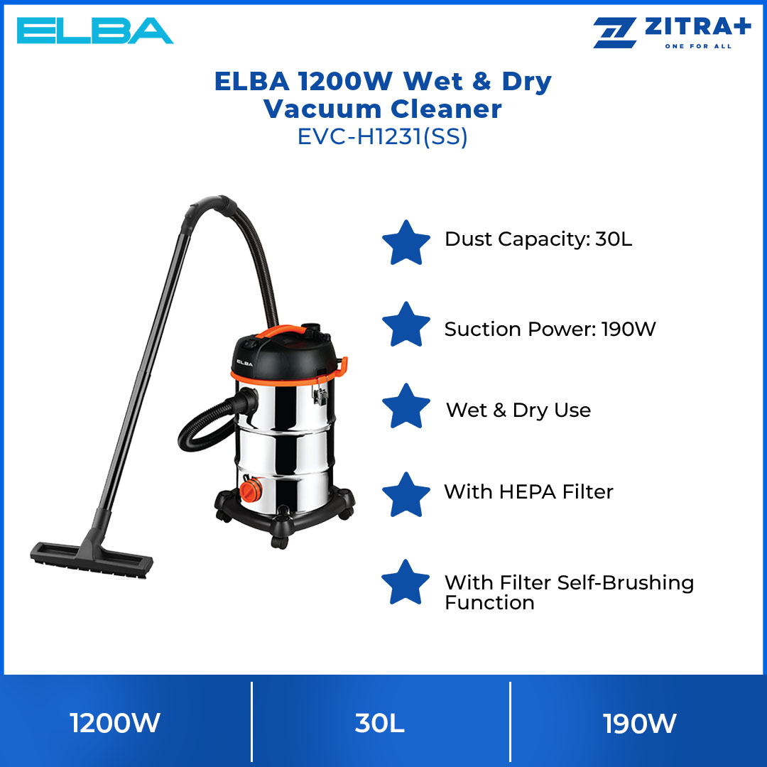ELBA 1200W Wet & Dry Vacuum Cleaner Stainless Steel EVC-H1231(SS) | Air Blowing Function | With Filter Self-Brushing Function | Dust Capacity: 30L | Vacuum Cleaner with 1 Year Warranty