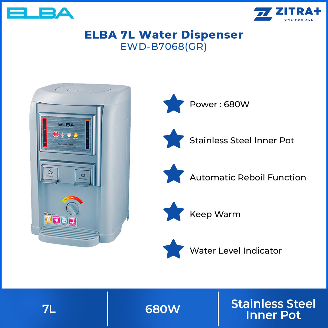 ELBA 7L Water Dispenser EWD-B7068(GR) | Stainless Steel Inner Pot | Automatic Reboil Function | Anti Dry-Boiled Protection | Water Dispenser with 1 Year Warranty