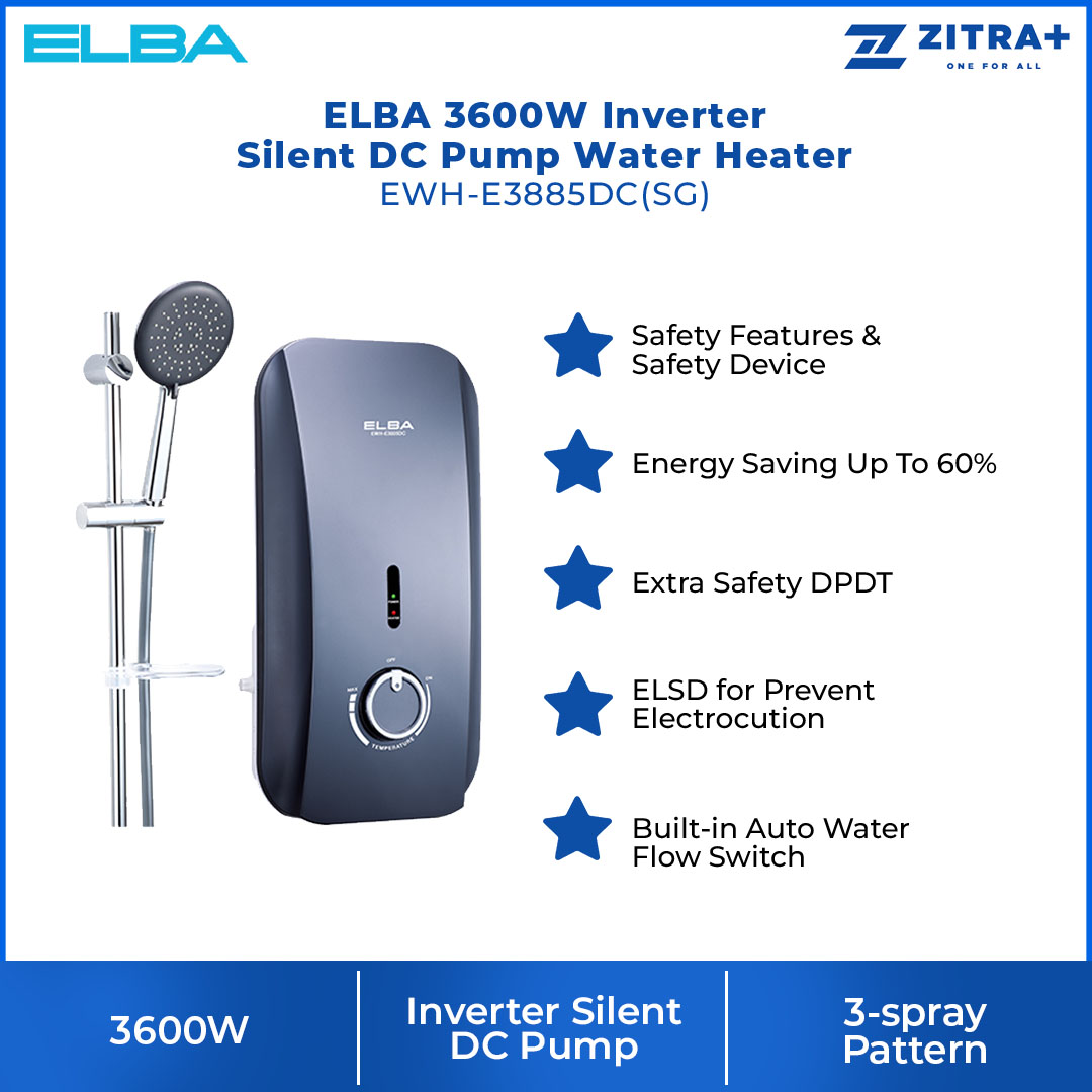 ELBA 3600W Inverter Silent DC Pump Water Heater EWH-E3885DC(SG) | Inverter Silent DC Pump | Built-in Auto Water Flow Switch | Splash Proof Protection | 1 Year General  & 7 Year Heating Element & 10 Year On Anti Leakage & 5 Year Motor Warranty