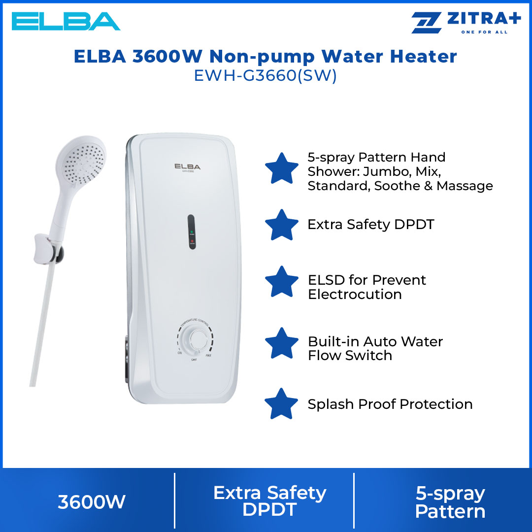 ELBA 3600W Water Heater Snow EWH-G3660(SW) | Safety Features & Safety Device | Extra Safety DPDT | ELSD for Prevent Electrocution | Splash Proof Protection (IP25 Standard) | Water Heater with 1 Year Warranty