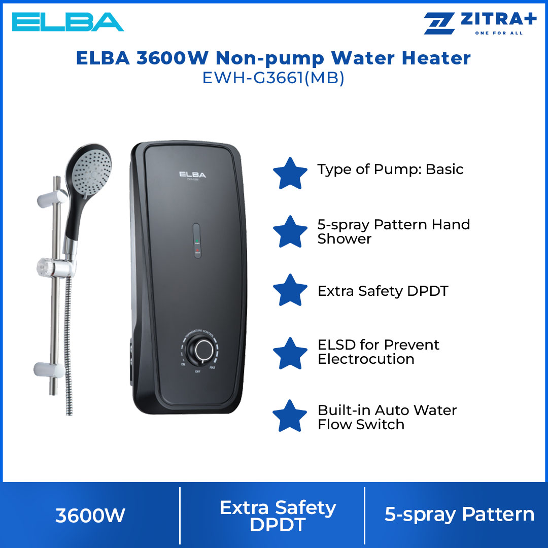 ELBA 3600W Water Heater EWH-G3661(MB) | Safety Features & Safety Device | Extra Safety DPDT | Built-in Auto Water Flow Switch | Splash Proof Protection | Water Heater with 1 Year General & 7 Year Heating Element & 10 Year Anti-Tank Leakage Warranty