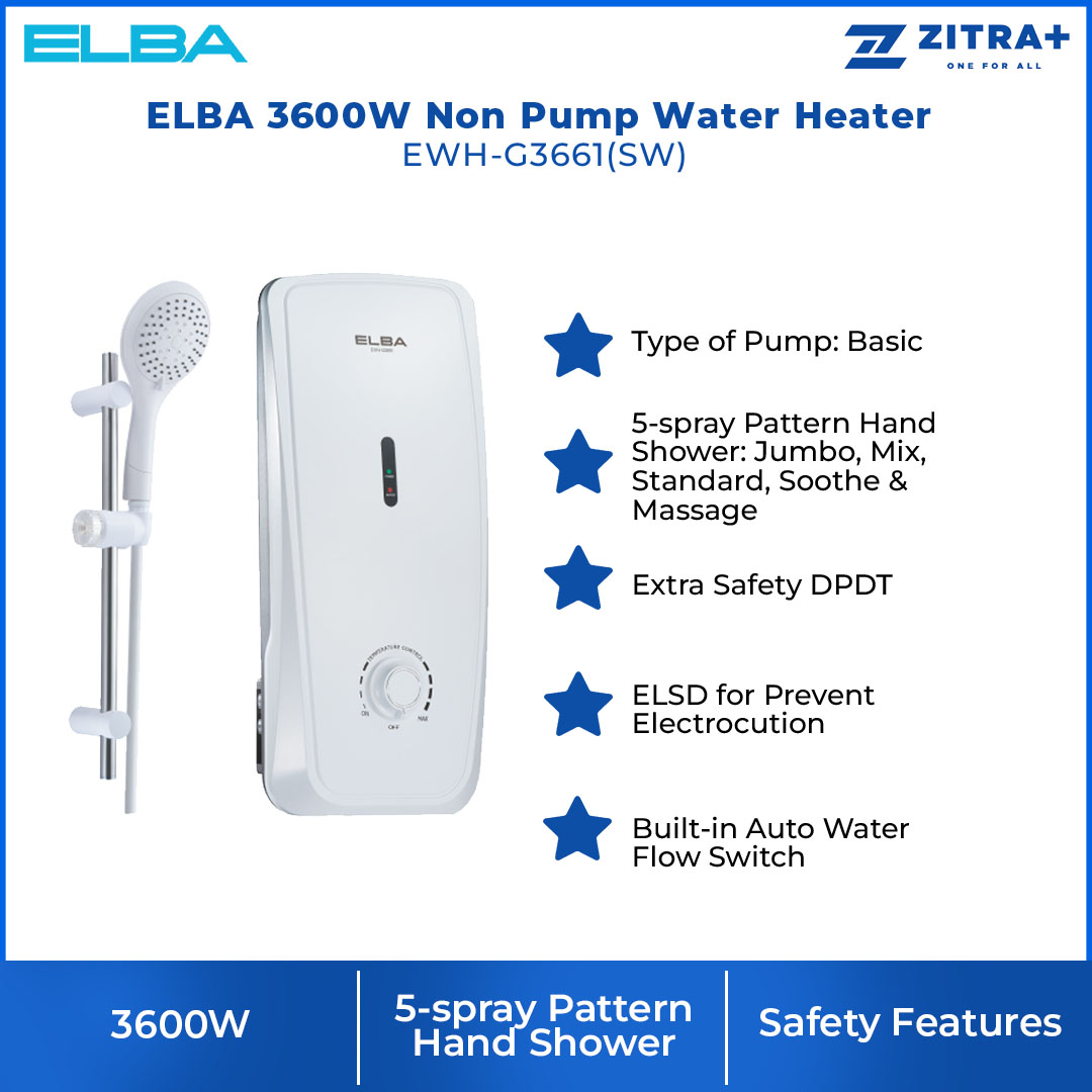 ELBA 3600W Non Pump Water Heater EWH-G3661(SW) | 5-spray Pattern Hand Shower | Splash Proof Protection (IP25 Standard) | Extra Safety DPDT | Water Heater with 1 Year Warranty