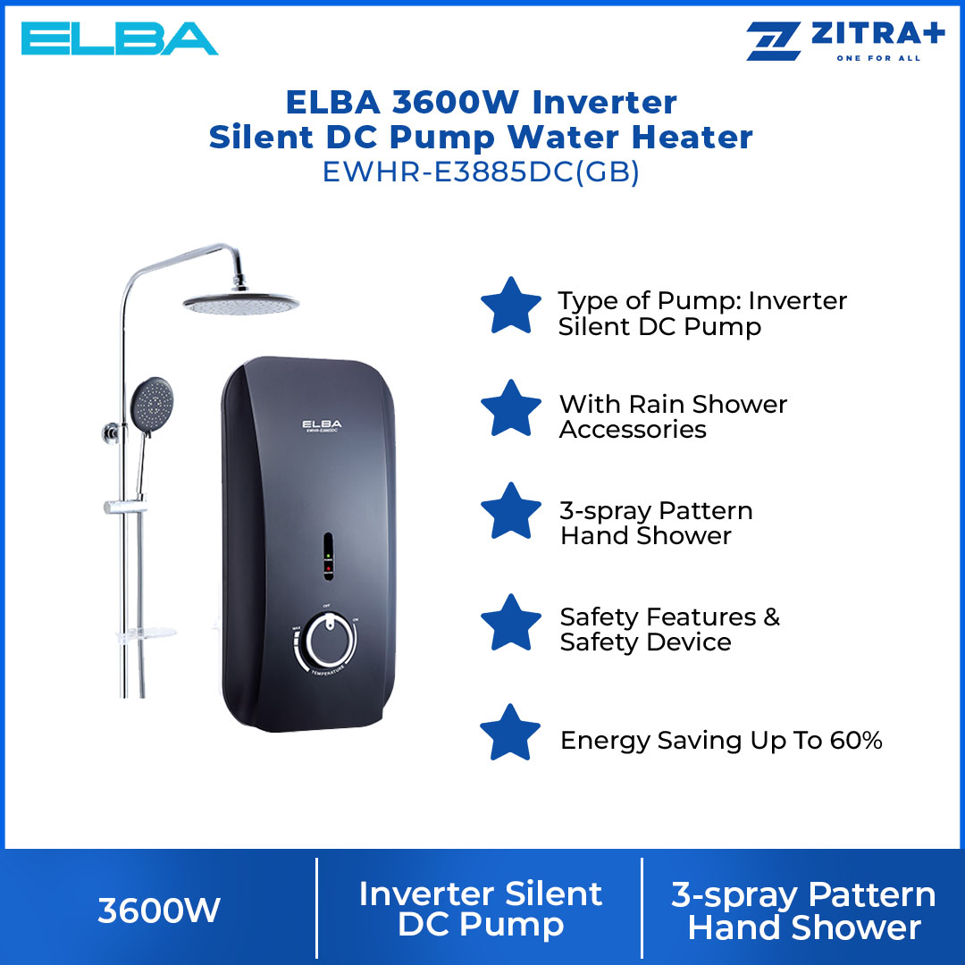 ELBA 3600W DC Pump Water Heater EWHR-E3885DC(GB) | With Rain Shower Accessories | 3-spray Pattern Hand Shower | Energy Saving Up To 60% | Water Heater with 1 Year Warranty