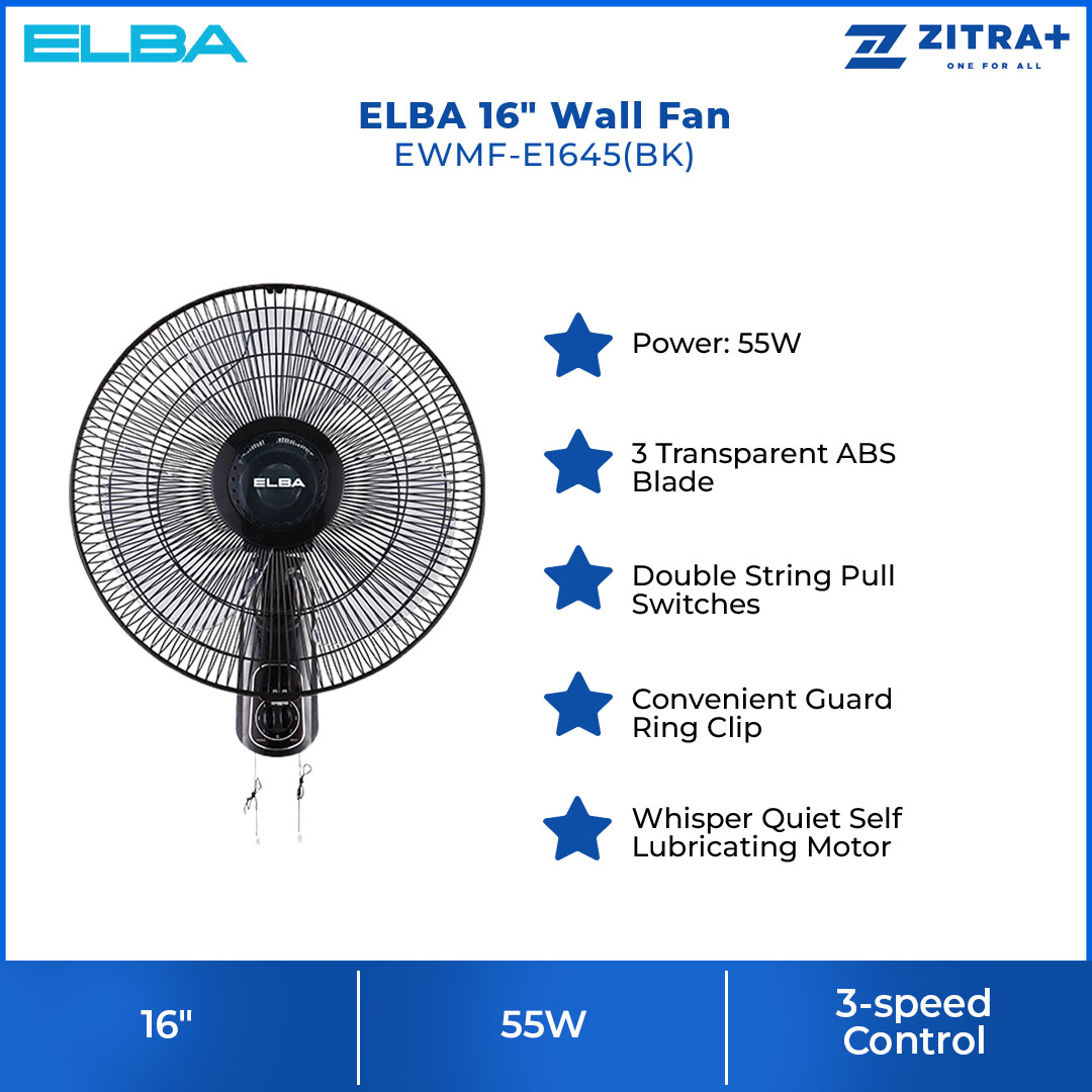 ELBA 16" Wall Fan EWMF-E1645(BK) | 3 Transparent ABS Blade | 3-speed Control | Thermal Safety Fuse | Whisper Quiet Self Lubricating Motor | Wall Fan with 1 Year Warranty