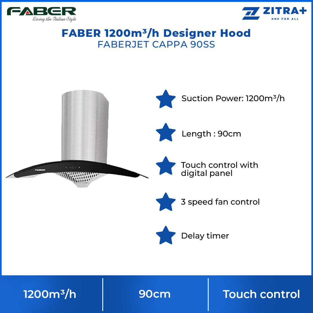 FABER 1200m³/h Designer Hood FABERJET CAPPA 90SS | Touch Control with Digital Panel | 3 Speed Fan Control | Delay Timer | Build-in Hood with 1 Year Warranty