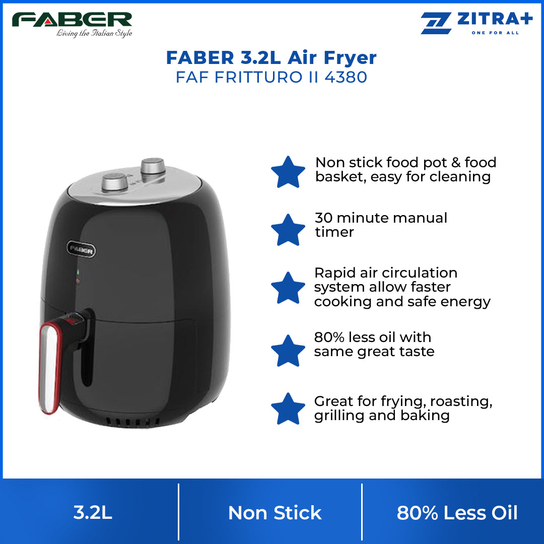 FABER 3.2L Air Fryer FAF FRITTURO II 4380 | 30 Minute Manual Timer | 80% Less Oil with Same Great Taste | Non Stick Food Pot & Food Basket | Air Fryer with 1 Year Warranty