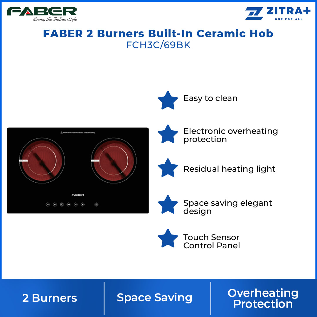 FABER 2 Burners Built-In Ceramic Hob FCH3C/69BK | Touch Sensor Control Panel | Easy to clean | Electronic overheating protection |  Ceramic Hob with 1 Year Warranty