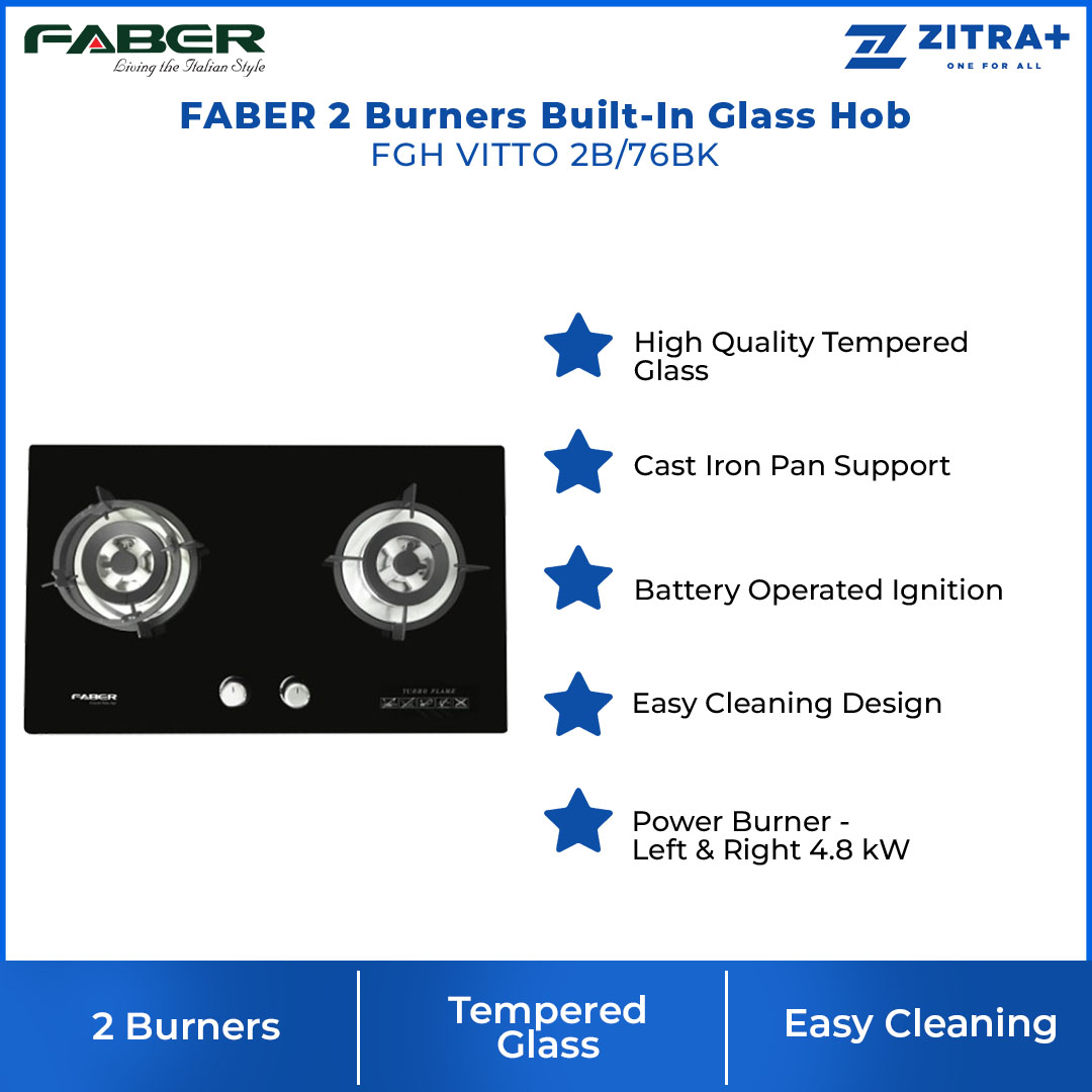 FABER 2 Burners Built-In Glass Hob FGH VITTO 2B/76BK | High Quality Tempered Glass | Battery Operated Ignition | Easy Cleaning Design | 2 Burners with 1 Year Warranty
