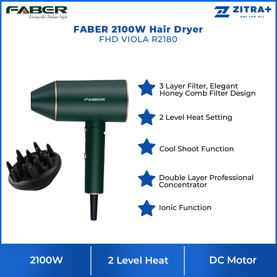 FABER 2100W Ionic Hair Dryer FHD VIOLA R2180 | 3 Layer Filter | 2 Level Heat Setting | Cool Shoot Function | Double Layer Professional Concentrator | Ionic Function | Hair Dryer with 1 Year Warranty