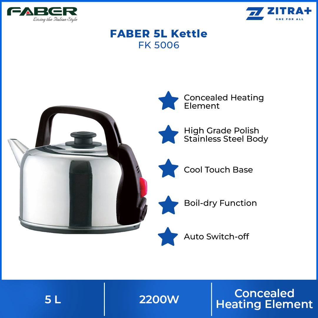 FABER 5L Kettle FK 5006 | Easy Boiling | Double Boil Dry Protection | Auto Switch-off | Cool Touch Base | Kettle with 1 Year Warranty