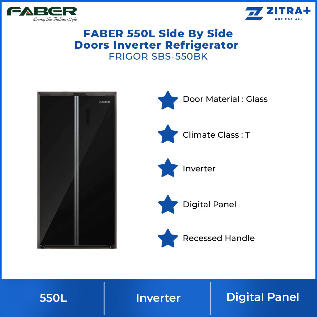 FABER 550L Side By Side Doors Inverter Refrigerator FRIGOR SBS-550BK | Climate Class : T | Inverter | Digital Panel | Recessed Handle | Refrigerator with 1 Year General & 5 Years Motor Warranty