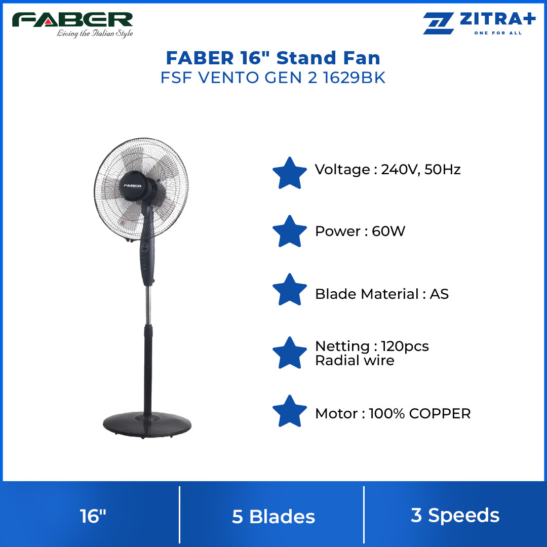 FABER 16" Stand Fan FSF VENTO GEN 2 1629BK | 3 Speed Selection | 5 Blades | 60Min Timer | 100% Copper Motor | Stand Fan with 1 Year Warranty