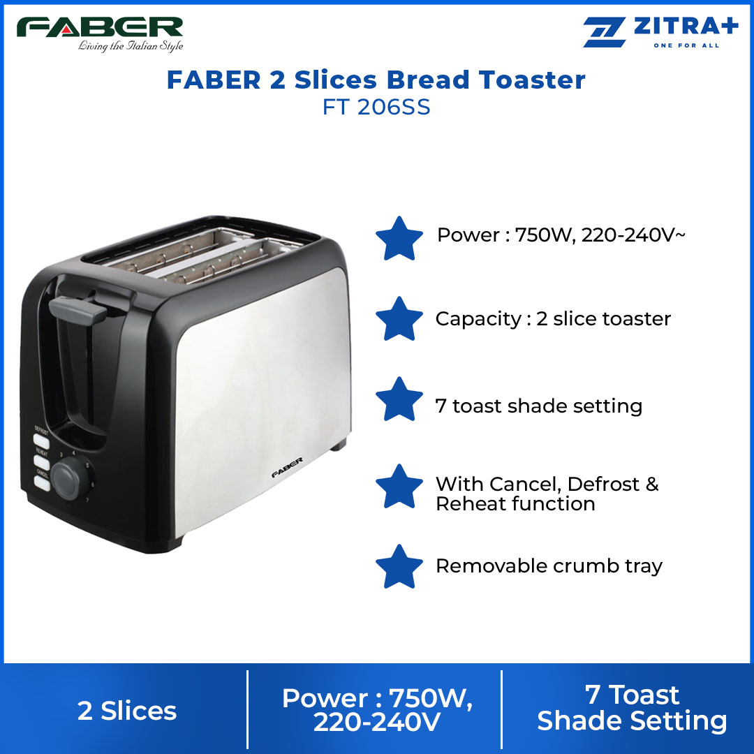 FABER 2 Slices Bread Toaster FT 206SS | 7 Toast Shade Setting | Removable Crumb Tray | With Cancel, Defrost & Reheat Function | Toaster with 1 Year Warranty