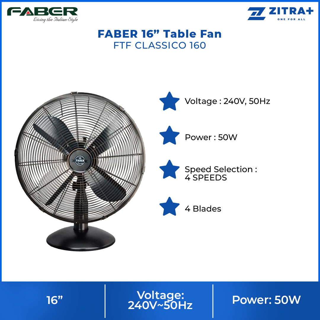 FABER 16” Table Fan FTF CLASSICO 160 | 4 Blades | 50W Power | 4 Speed | Fan with 1 Year Warranty