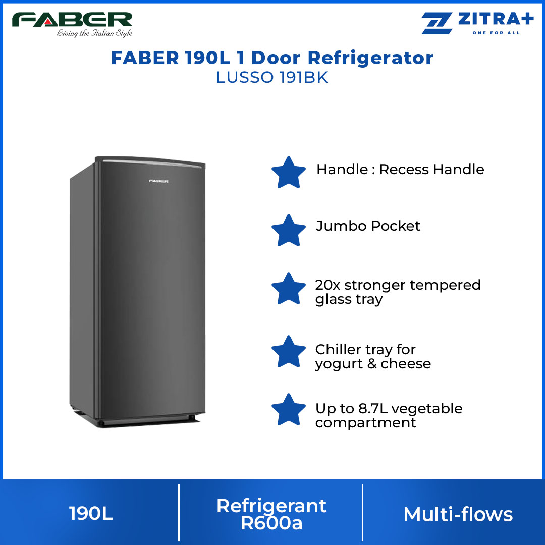 FABER 190L 1 Door Refrigerator LUSSO 191BK | 20x Stronger Tempered Glass Tray | Refrigerant R600a | Fridge with 1 Year Warranty & Compressor with 10 Years Warranty