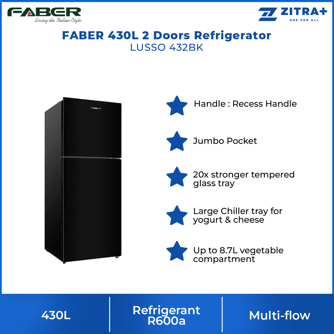 FABER 430L 2 Doors Refrigerator LUSSO 432BK | 20x Stronger Tempered Glass Tray | Refrigerant R600a | Fridge with 1 Year Warranty & Compressor with 10 Years Warranty