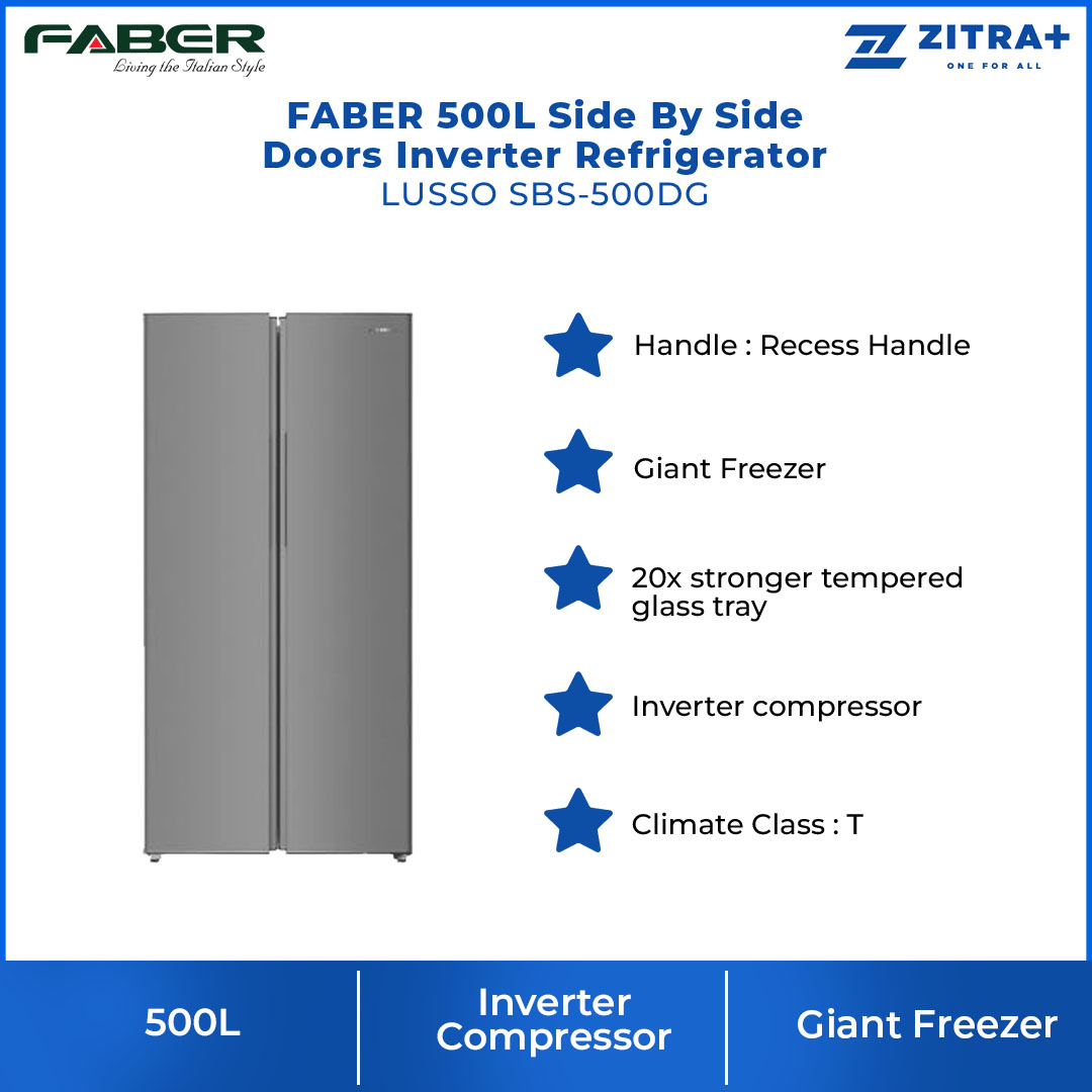 FABER 500L Side By Side Doors Inverter Refrigerator LUSSO SBS-500DG | 20x Stronger Tempered Glass Tray | Refrigerant R600a | Fridge with 1 Year Warranty & Compressor with 10 Years Warranty