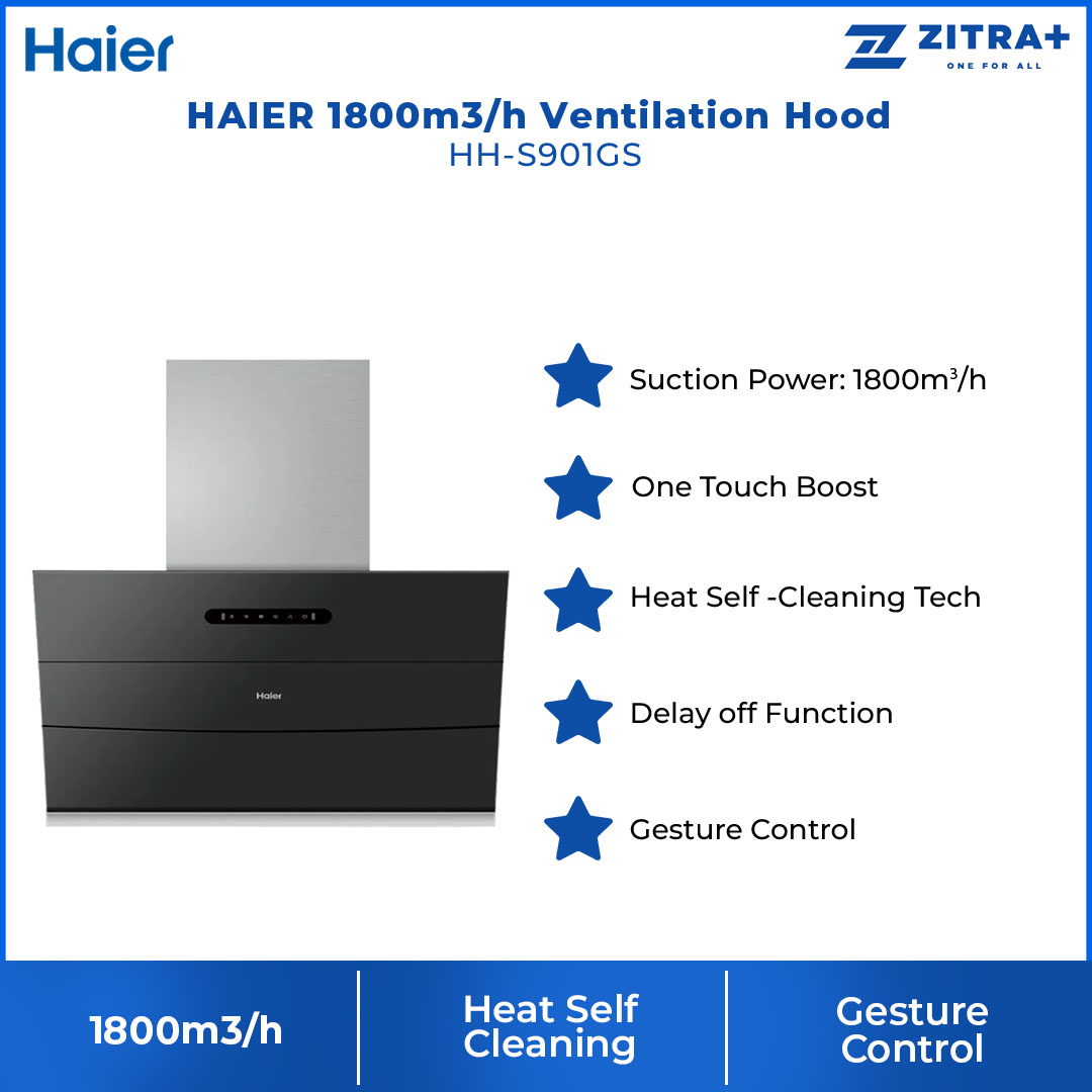 HAIER 1800m3/h Ventilation Hood HH-S901GS | Heat Self Cleaning | Gesture Control | Delay Off Function | Hood with 3 Years Warranty