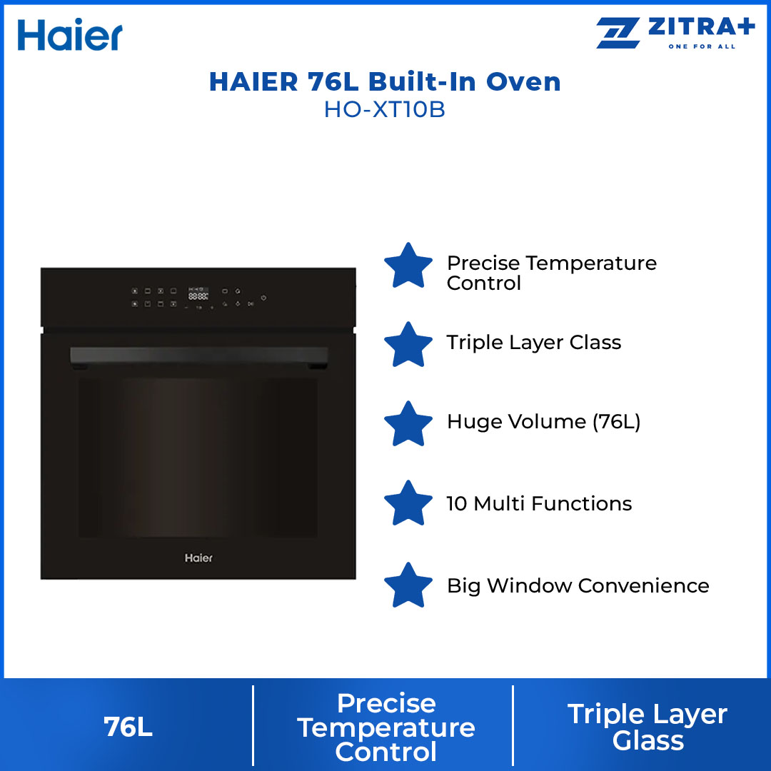 HAIER 76L Built-In Oven Black HO-XT10B | Precise Temperature Control | Triple Layer Glass | Huge Volume | Oven with 2 Year Warranty