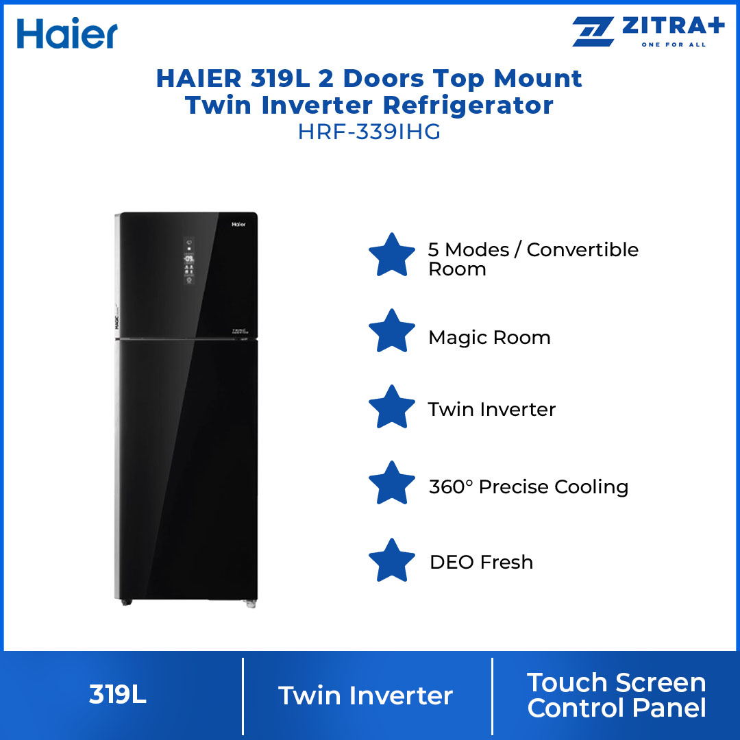 HAIER 319L 2 Doors Top Mount Twin Inverter Refrigerator HRF-339IHG | Magic Room | Moist Zone | Touch Screen Control Panel | Deo Fresh | Humidity Control | Refrigerator with  2 Year Warranty