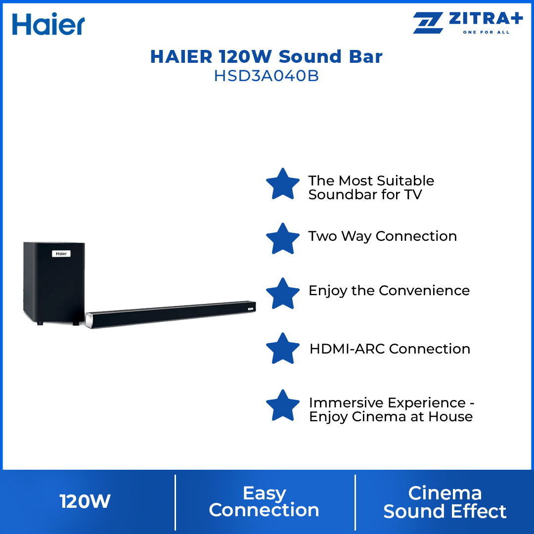 HAIER 120W Sound Bar HSD3A040B | Cinema Sound Effect | Independent Subwoofer | Easy Connection | HDMI ARC | Bluetooth |  Sound Bar with 1 Year Warranty