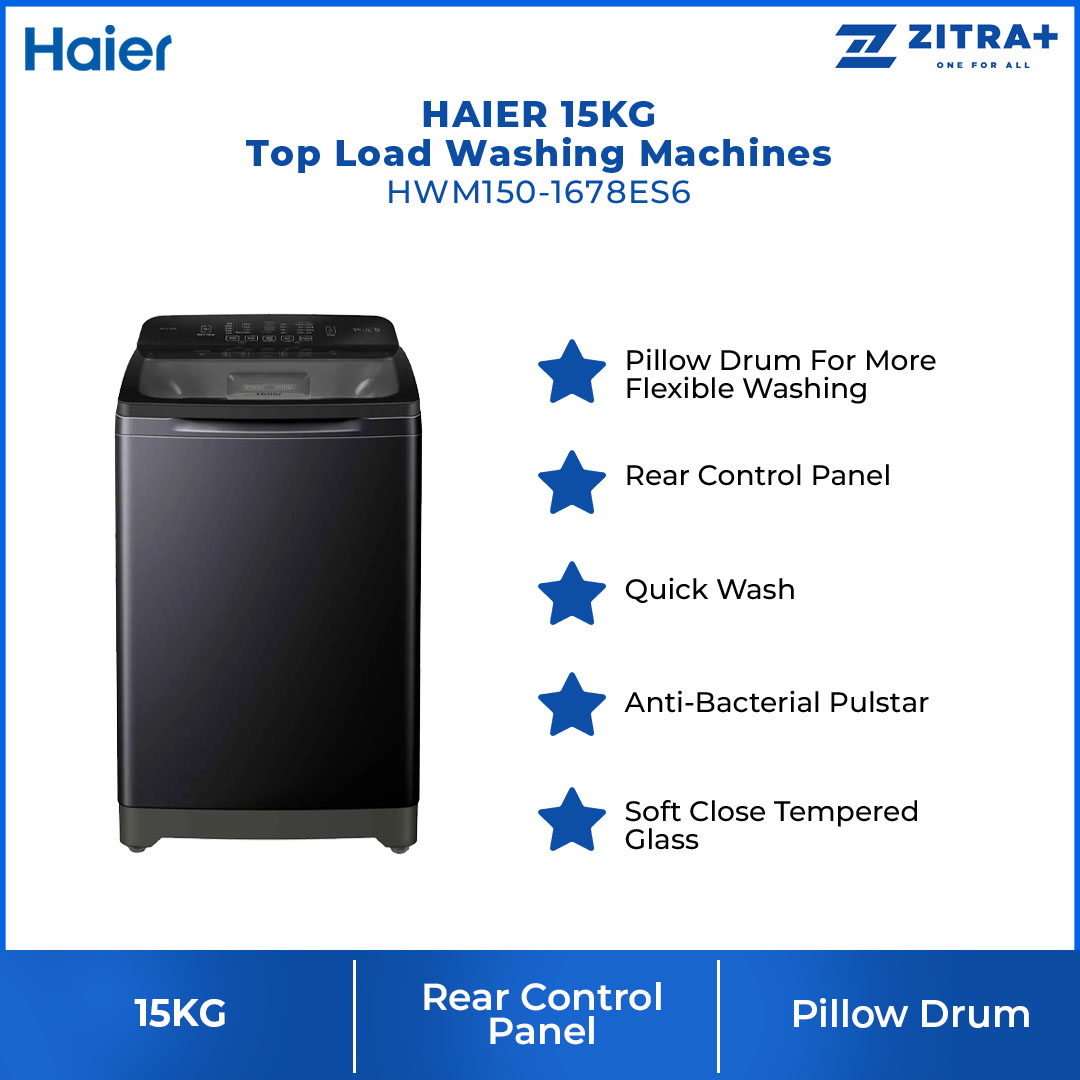 HAIER 15KG Top Load Washing Machines HWM150-1678ES6 | Rear Control Panel | Anti-Bacterial Pulsator | Pillow Drum | Washing Machine with 2 Year Warranty