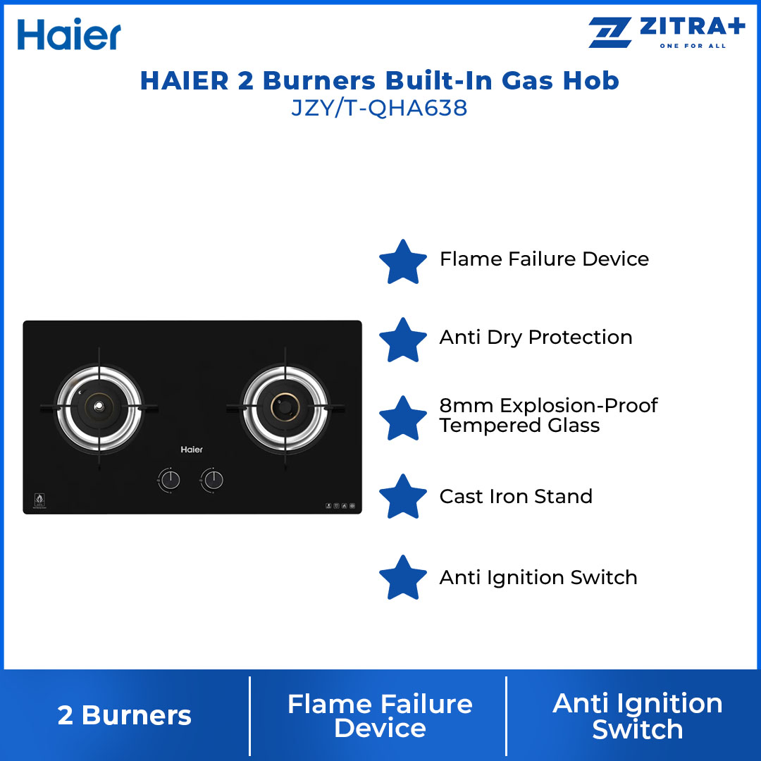 HAIER 2 Burners Built-In Gas Hob JZY/T-QHA638 | Anti Dry Sensor | 8mm Tempered Glass | Copper Burner | Auto Ignition Switch | Gas Hob with 2 Year Warranty
