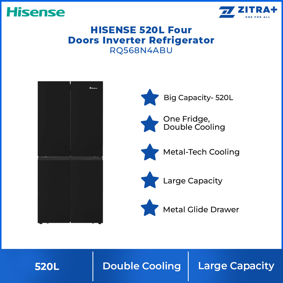 HISENSE 520L Four Doors Inverter Refrigerator RQ568N4ABU | Double Cooling | Metal-Tech Cooling | Led Lighting | Refrigerator with 3 Years Warranty
