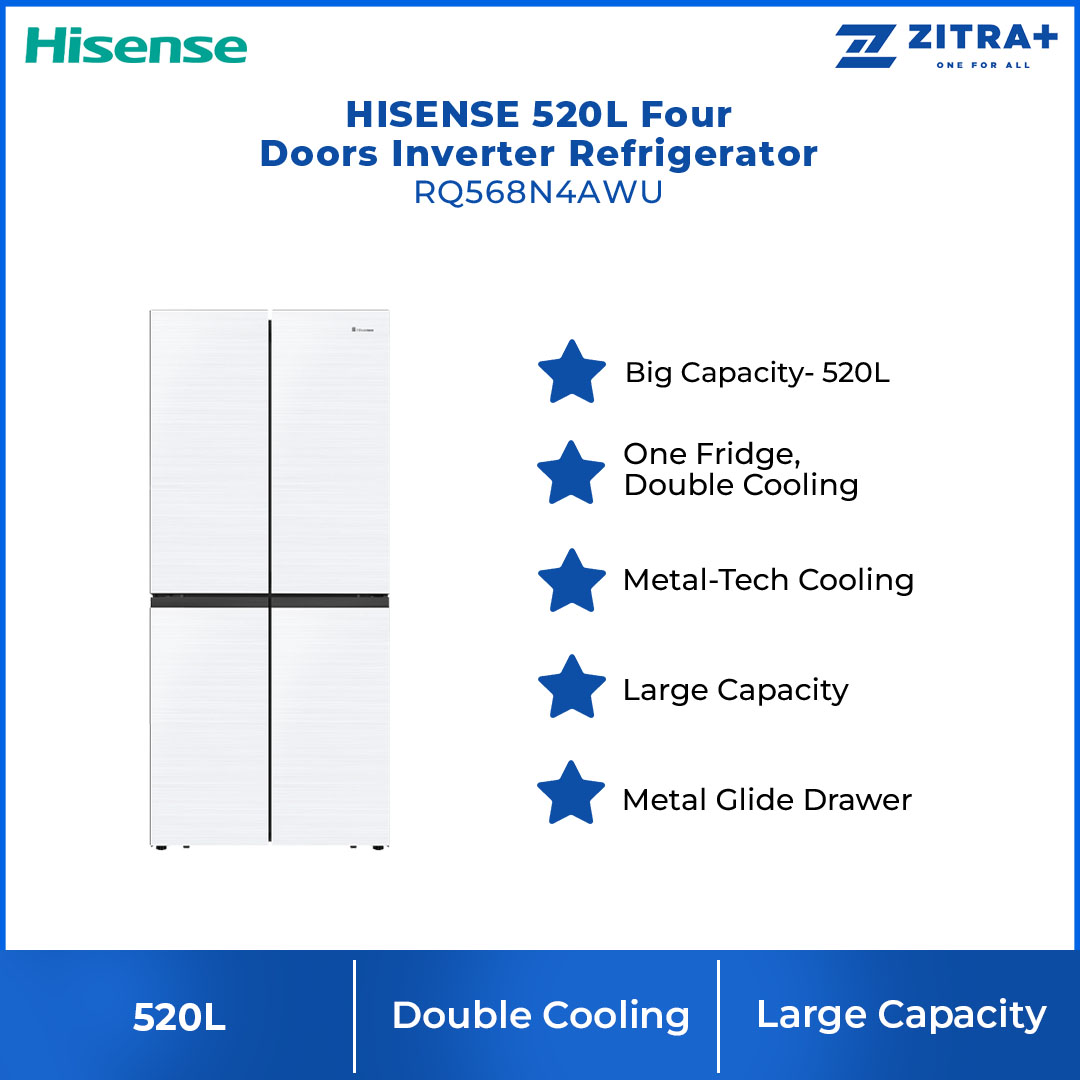 HISENSE 520L Four Doors Inverter Refrigerator RQ568N4AWU | Double Cooling | Metal-Tech Cooling | Metal Glide Drawer | Led Lighting | Refrigerator with 3 Years Warranty