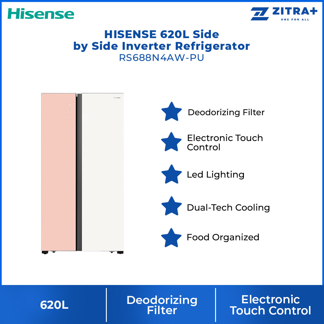 HISENSE 620L Side by Side Inverter Refrigerator RS688N4AW-PU | Deodorizing Filter | Electronic Touch Control | Led Lighting | Refrigerator with 3 Years Warranty