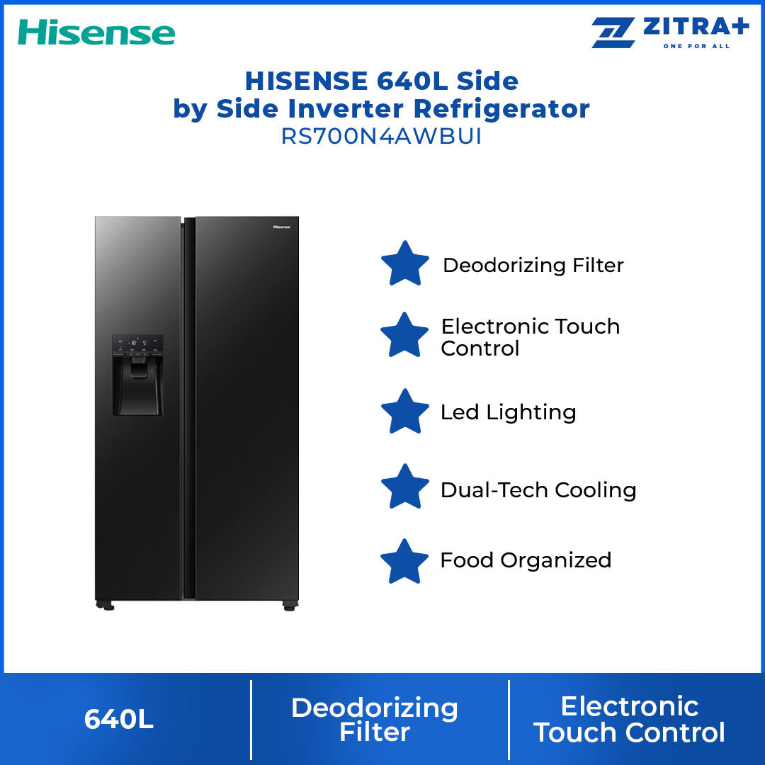 HISENSE 640L Side by Side Inverter Refrigerator  RS700N4AWBUI | Deodorizing Filter | Electronic Touch Control | Led Lighting | Refrigerator with 3 Years Warranty