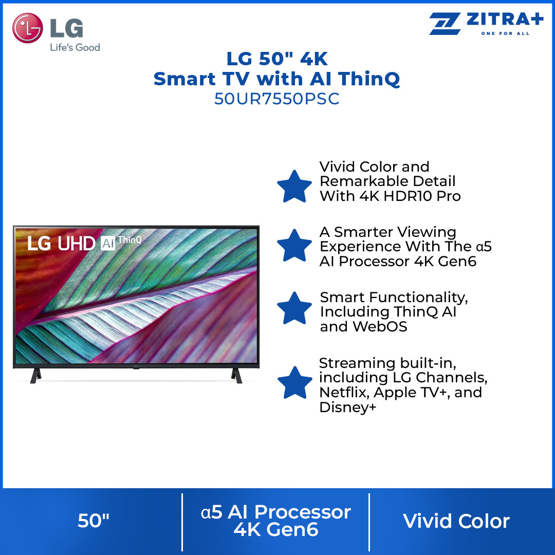 LG 50" 4K Smart TV with AI ThinQ 50UR7550PSC | AI Sound | Wi-Fi | Filmmaker Mode | Netflix | Smart TV with 2 Year Warranty