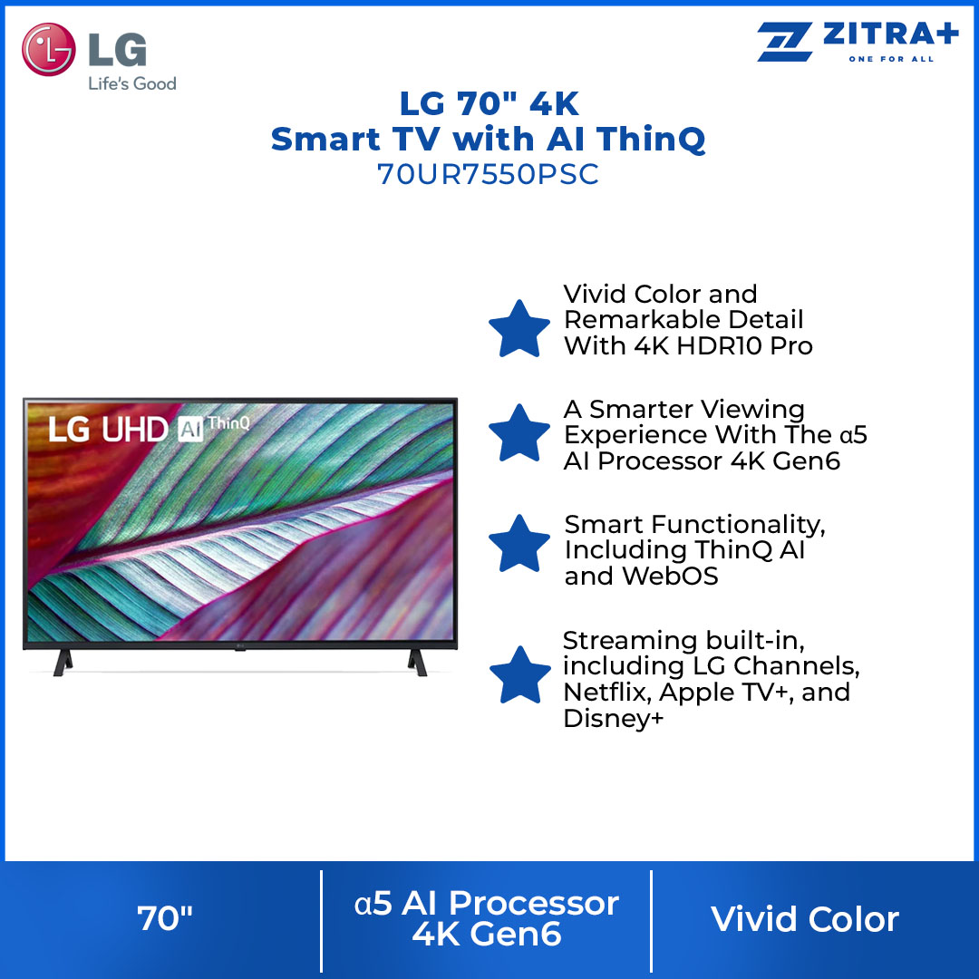 LG 70" 4K Smart TV with AI ThinQ 70UR7550PSC | AI Sound | Wi-Fi | Filmmaker Mode | Netflix | Smart TV with 2 Year Warranty