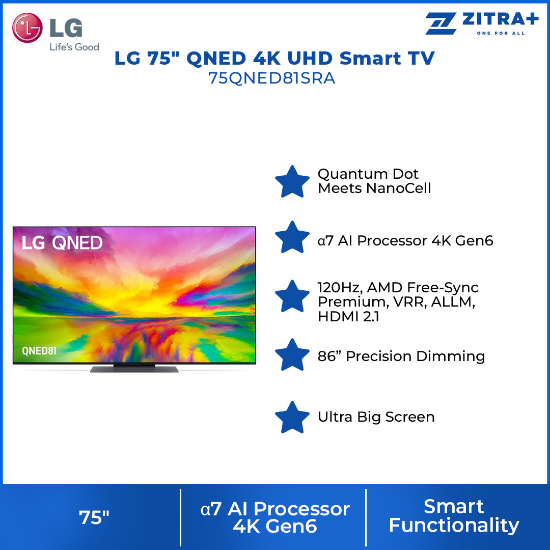 LG 75" QNED 4K UHD Smart TV 75QNED81SRA  | α7 AI Processor 4K Gen6 | HDR10 | webOS 23 | HDMI | USB | Smart TV with 2 Year Warranty