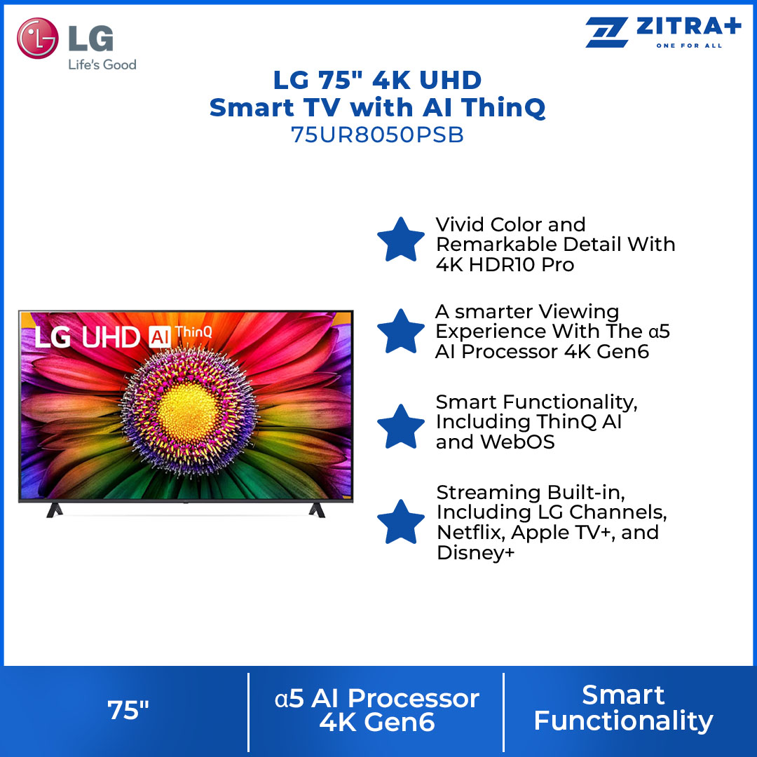 LG 75" 4K UHD Smart TV with AI ThinQ 75UR8050PSB | AI Sound | Wi-Fi | Filmmaker Mode | Netflix | HDMI | WebOS 23 |Smart TV with 2 Year Warranty