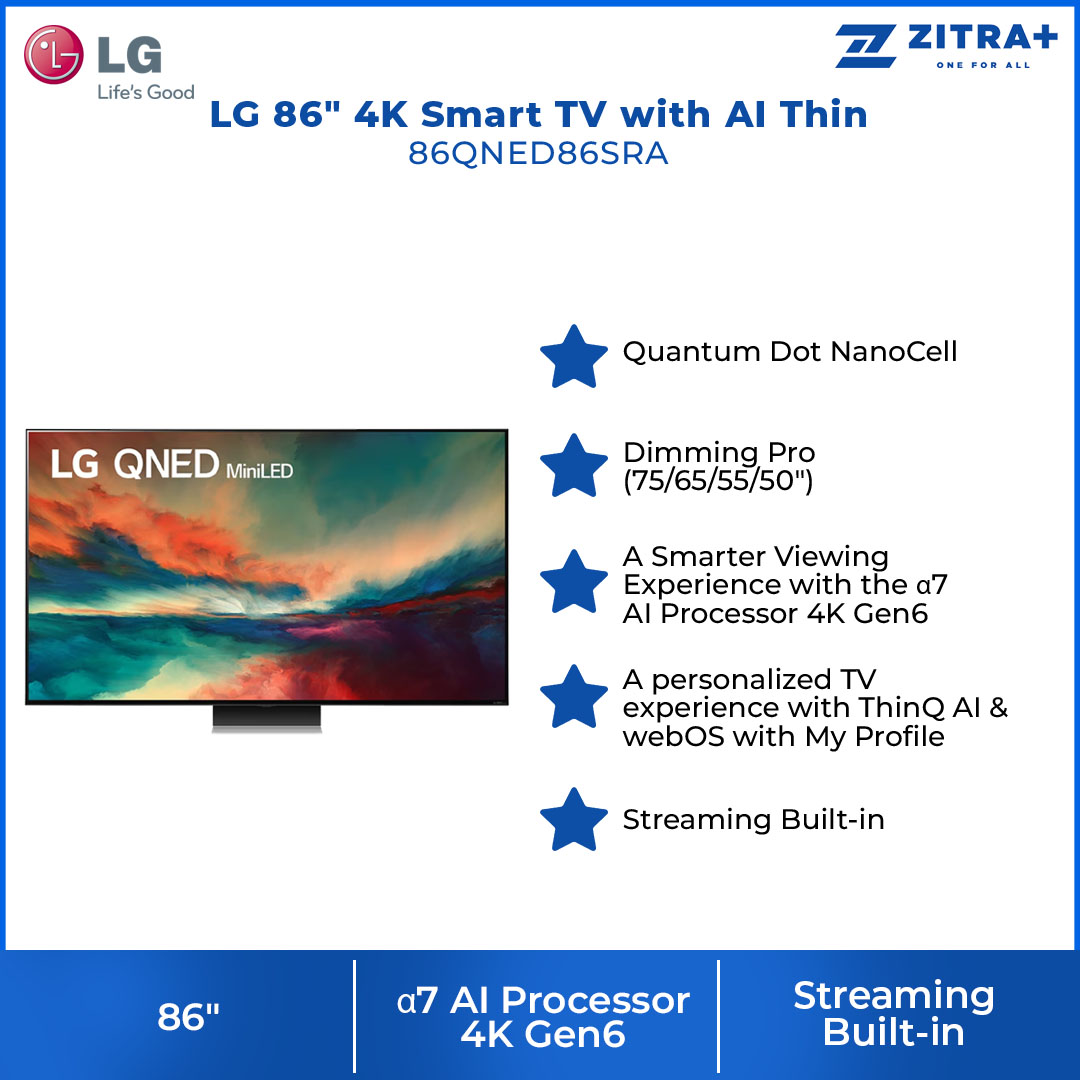 LG 86" 4K Smart TV with AI ThinQ 86QNED86SRA | α7 AI Processor 4K Gen6 | HDR10 | webOS 23 | HDMI | USB | Smart TV with 2 Year Warranty