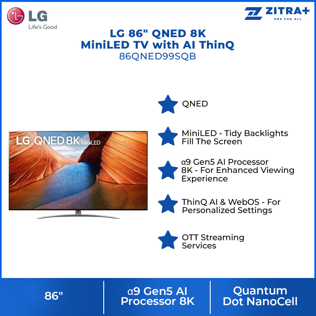 LG 86" QNED 8K MiniLED TV with AI ThinQ 86QNED99SQB | Wide Colour Gamut | HDR10 | webOS 22 | HDMI | USB | Smart TV with 2 Year Warranty