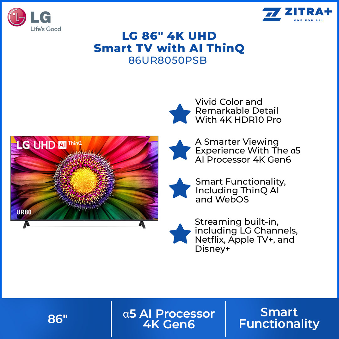 LG 86" 4K UHD Smart TV with AI ThinQ 86UR8050PSB | AI Sound | Wi-Fi | Filmmaker Mode | Netflix | HDMI | WebOS 23 |Smart TV with 2 Year Warranty