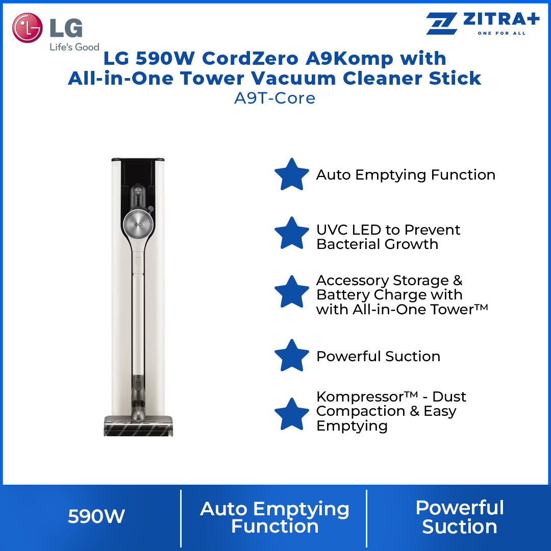 LG 590W CordZero A9Komp with All-in-One Tower Vacuum Cleaner Stick A9T-Core | Powerful Suction | Dual Battery | UVC LED | Stick Vacuum with 2 Year Warranty