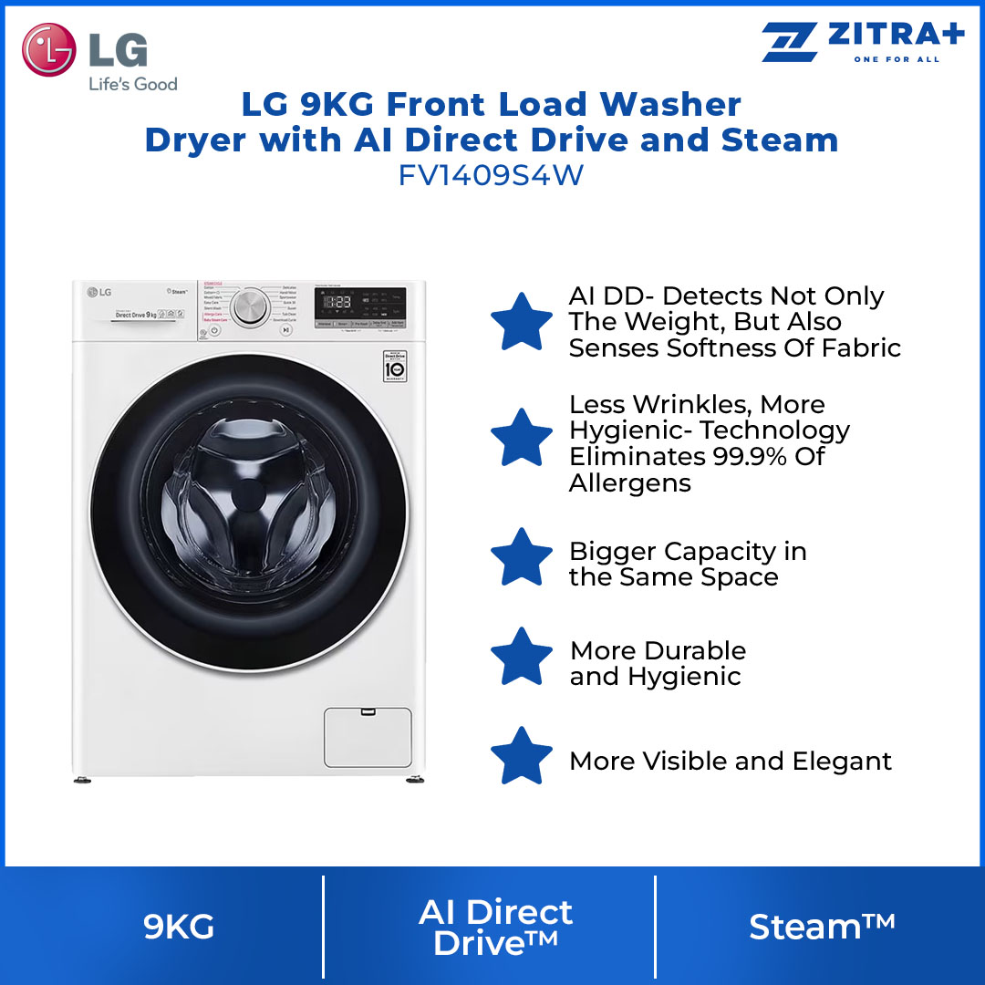 LG 9KG Front Load Washer with AI Direct Drive and Steam FV1409S4W  | Wifi | 6 Motion | Allergy Care | Quick 30 | Smart Diagnosis | Easy Care | Tub Clean | Cotton+ | Delicate | Silent Wash | Washer Dryer with 1 Year Warranty