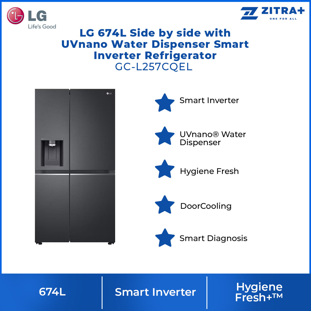 LG 674L Side by side with UVnano Water Dispenser Smart Inverter Refrigerator GC-L257CQEL | DoorCooling+ | Smart Diagnosis™ | ThinQ | Refrigerator with 1 Year Warranty
