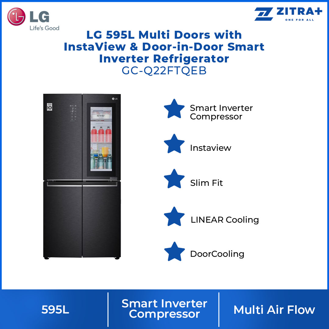 LG 595L Multi Doors with InstaView & Door-in-Door Smart Inverter Refrigerator GC-Q22FTQEB | Slim Fit | LINEAR Cooling™ | DoorCooling | Refrigerator with 1 Year Warranty
