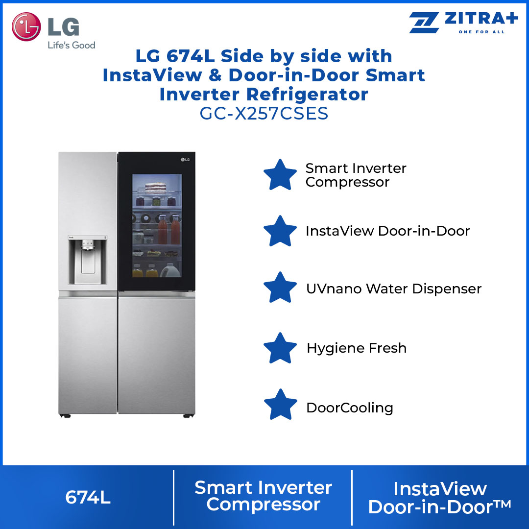 LG 674L Side by side with InstaView & Door-in-Door Smart Inverter Refrigerator GC-X257CSES | Hygiene Fresh+™ | DoorCooling+ | ThinQ | Refrigerator with 1 Year Warranty