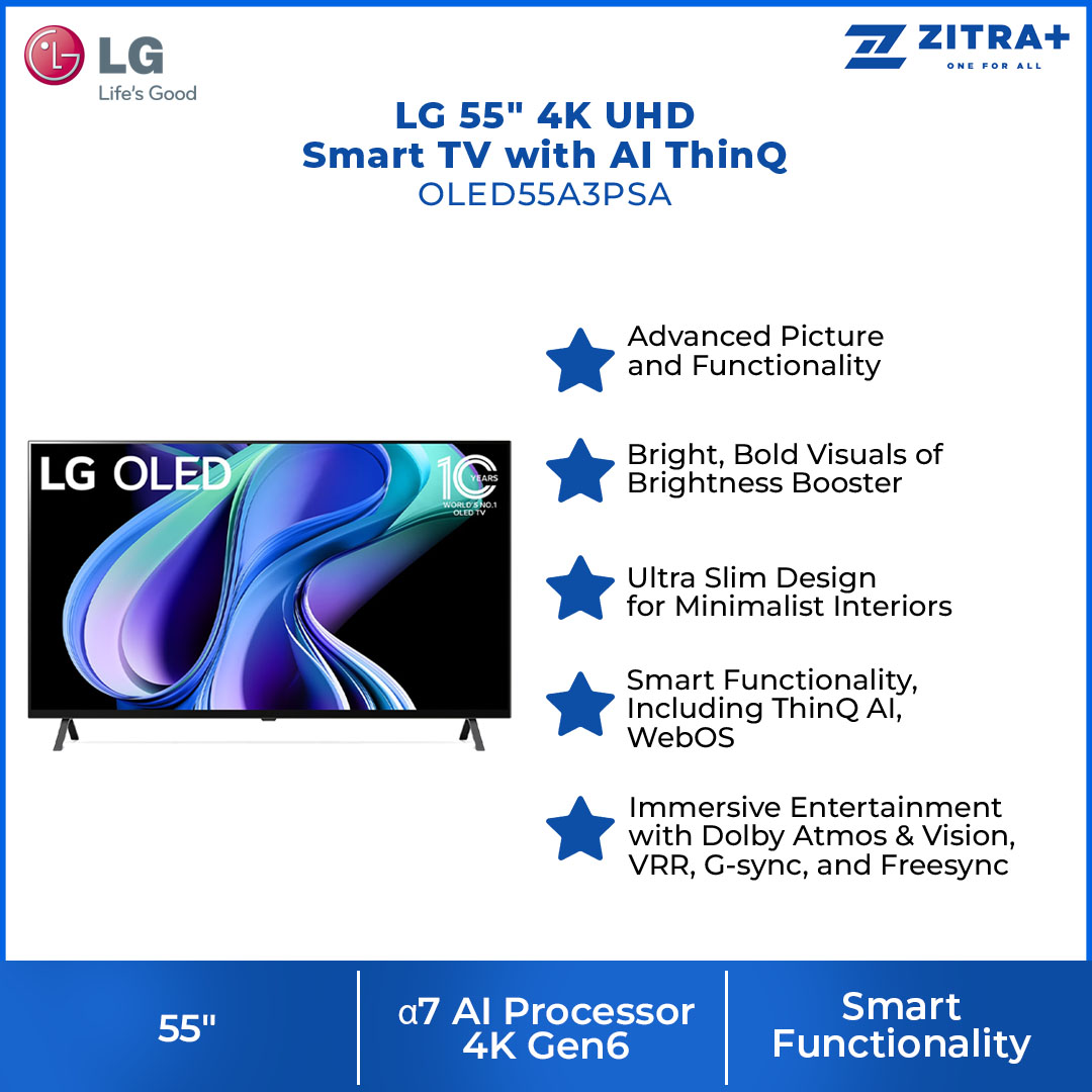 LG 55" 4K UHD Smart TV with AI ThinQ OLED55A3PSA | α7 AI Processor 4K Gen6 | HDR10 | webOS 23 | HDMI | USB | Smart TV with 2 Year Warranty