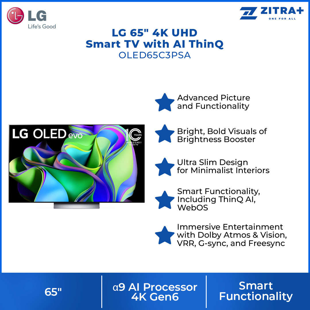 LG 65" 4K UHD Smart TV with AI ThinQ  OLED65C3PSA | Self-Lit OLED evo | α9 AI Processor 4K Gen6 | Brightness Booster Powering a Brighter | Hands-Free Voice Recognition | Smart TV with 2 Year Warranty
