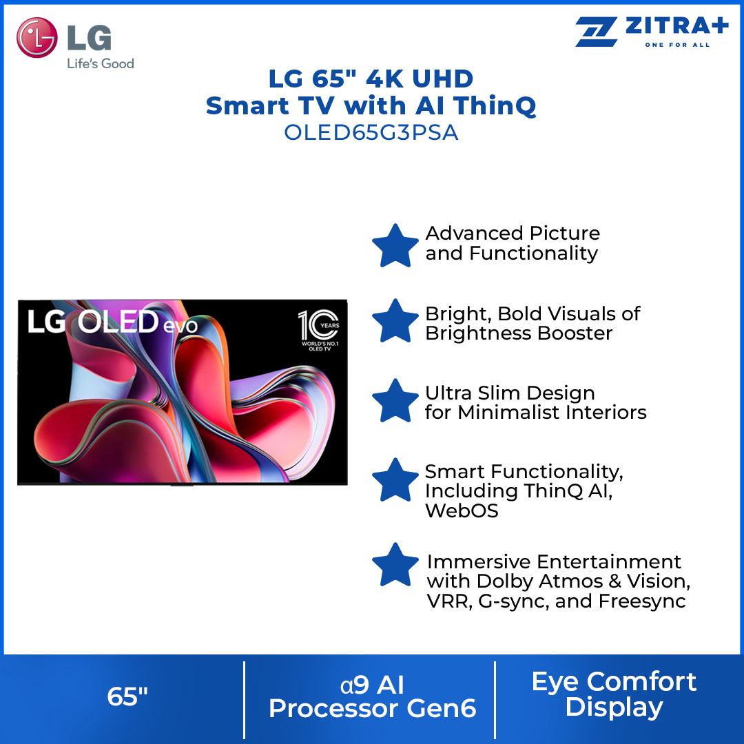 LG 65" 4K UHD Smart TV with AI ThinQ OLED65G3PSA | 4K OLED | webOS 23 | Bluetooth 5.0 | AI Picture Pro | Dolby Vision | Sound Mode Share | Smart TV with 2 Year Warranty